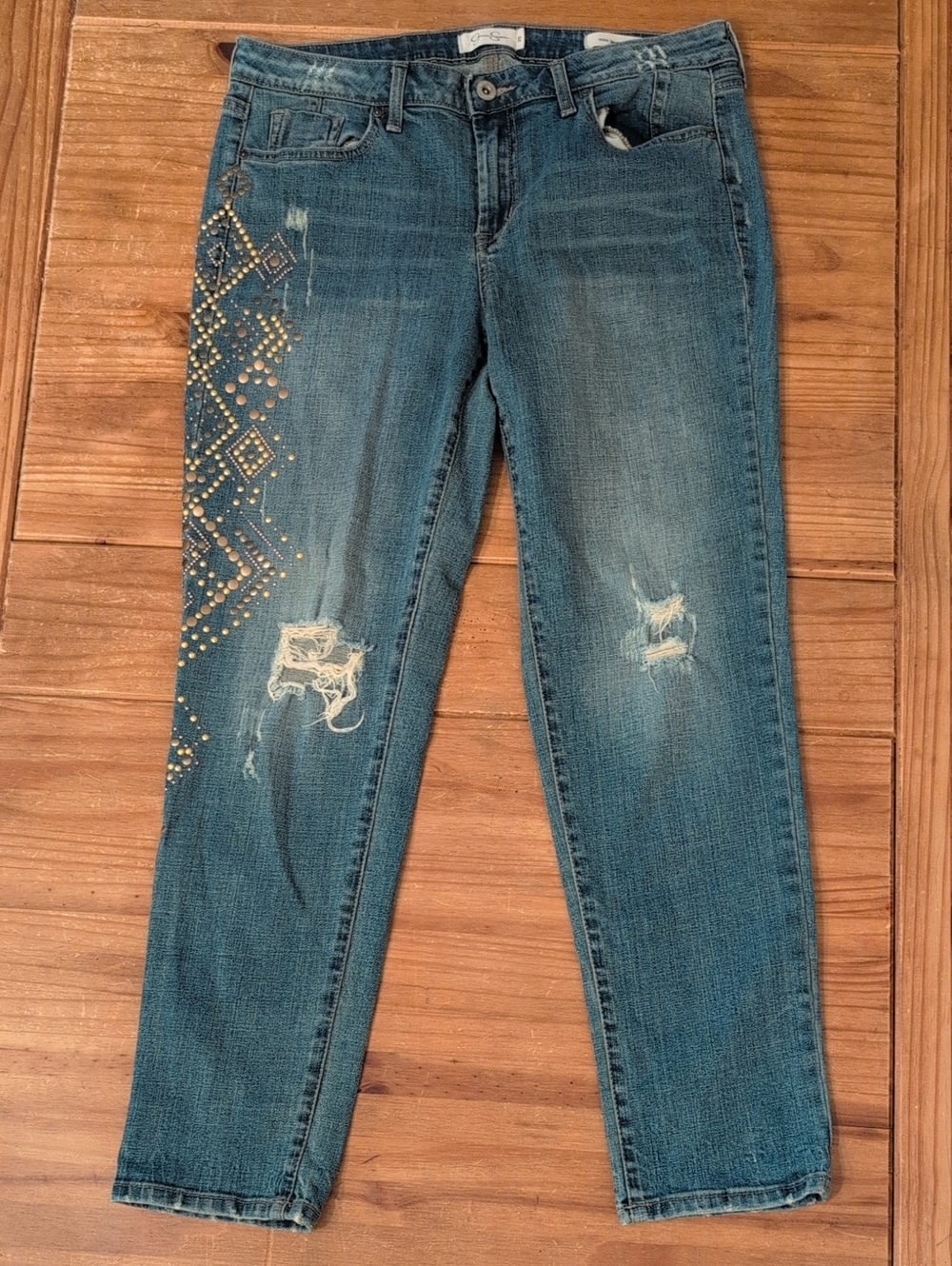 Jessica Simpson Distressed Studded "Mika Best Friend" Med Wash Jeans, Size 29